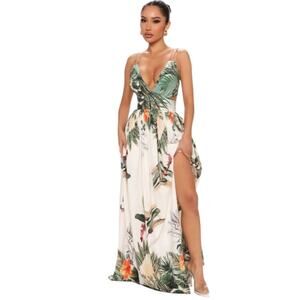 Loragal Women's Dress Size 3XL Beige Tropical Print Maxi Spring Summer Vacation